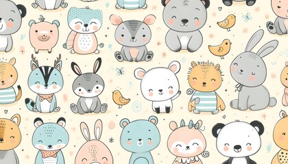 Adorable hand-drawn animals in soft pastel tones arranged in clean and minimal seamless wallpaper design