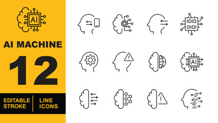Artificial Intelligence Machine set of web icons in line style. A collection of linear icons representing key Artificial Intelligence Machine concepts, including AI machine processing. Editable stroke