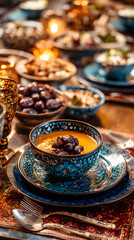Fototapeta premium Ramadan Iftar Table Setting with Dates and Orange Soup