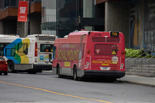 Canada, 06 July 2025 : Busy downtown street with colorful city buses promoting local Montreal attractions