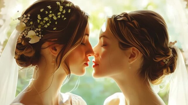 A loving lesbian couple sharing a romantic wedding kiss to celebrate their love and commitment to each other. The tender moment captures the joy and happiness of their special day.