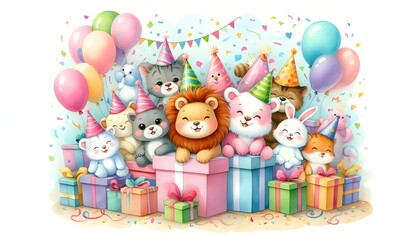 Obraz premium Adorable cartoon animals in bright party hats painted in whimsical watercolor style on clean background