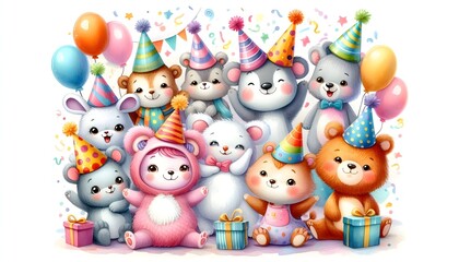 Playful watercolor animal characters wearing colorful hats in cheerful birthday celebration theme