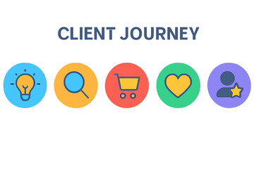 Client journey icons representing different stages in colorful design client journey stages