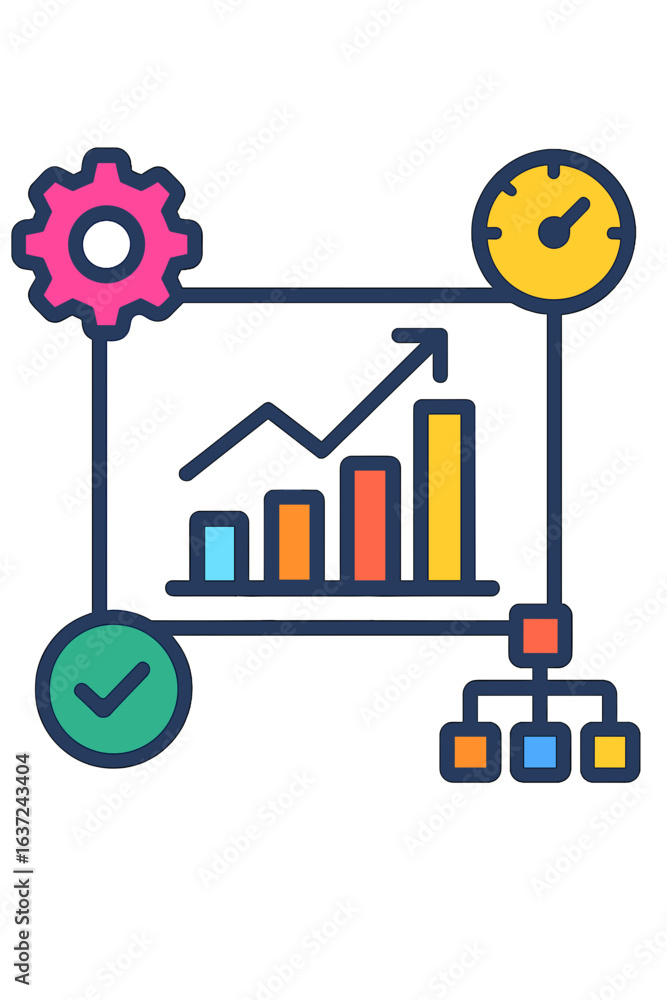 Aufkleber business growth chart with gears, clock, and checkmarks in vector style operations performance map