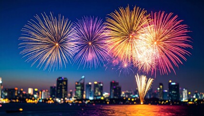 Fireworks display over a city skyline at night