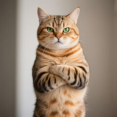 Obraz premium Determined Cat Standing with Crossed Arms Studio Portrait