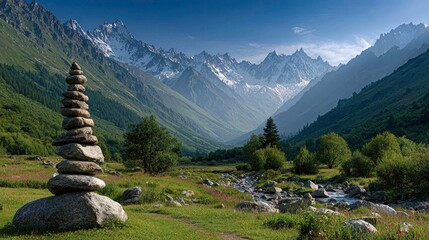 Mountain valley scene with stone cairn
