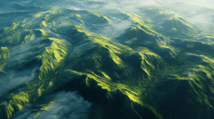 Fototapeta premium High-angle view of a range of lush green mountains.