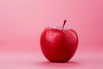 A vibrant red apple with droplets of water glistening on its surface, set against a soft pink background, creating a fresh and appealing look suitable for food-related themes