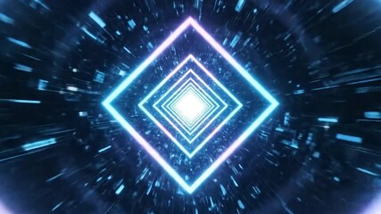 A digital tunnel with neon blue pink and white square lights receding into a distant point - Powered by Adobe