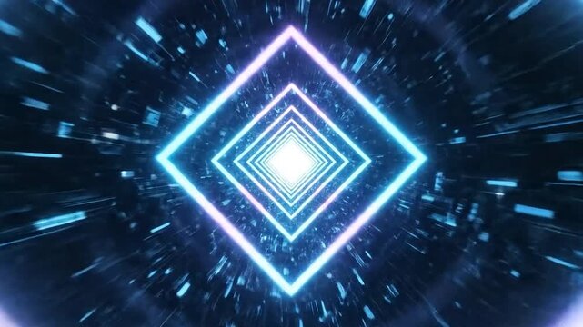 A digital tunnel with neon blue pink and white square lights receding into a distant point