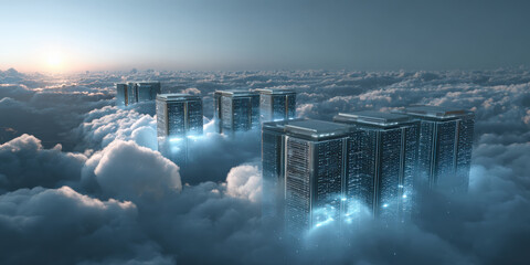 Futuristic skyscrapers float among clouds, illuminated by soft glow, symbolizing advanced cloud computing technology. serene sky and ethereal atmosphere evoke sense of innovation and tranquility