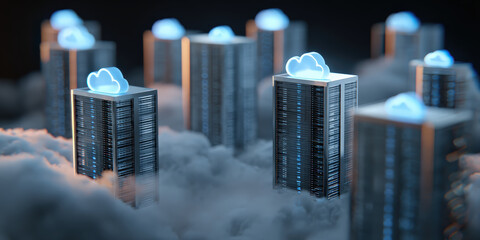 Futuristic 3D rendering of cloud computing concept with glowing clouds atop skyscrapers surrounded by mist, symbolizing digital data storage and connectivity