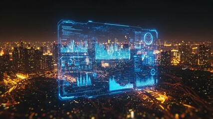 Futuristic cityscape with digital interface overlay at night - Powered by Adobe