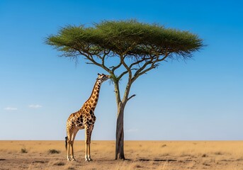Obraz premium Giraffe eating leaves from an Acacia tree in the African savanna. Iconic wildlife scene under a clear blue sky, ideal for nature, travel, or conservation themes.
