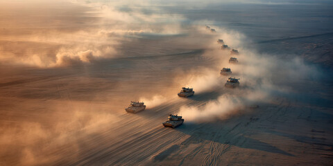 Aerial view of military tanks moving through desert landscape, creating dust trails in golden light. scene captures vastness and intensity of environment
