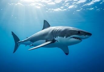 Fototapeta premium Great white shark swimming gracefully underwater in the deep blue ocean, illuminated by serene sun rays. Majestic marine life predator, perfect for nature, wildlife, or environmental themes.