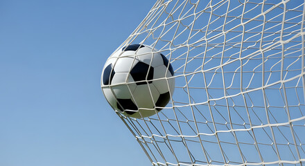 Naklejka premium Soccer ball scoring goal in net, capturing victory and championship moment with dynamic action
