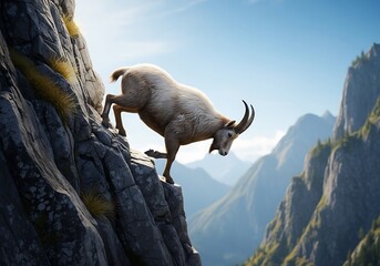 Mountain goat climbing steep rock cliff, agile wildlife in majestic high mountains under blue sky. Represents challenge, resilience, and freedom.