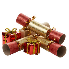 Christmas crackers and gift boxes in festive red and gold colors  