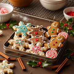 Assortment of Decorated Christmas Cookies in a Tin with Holly and Cinnamon Sticks