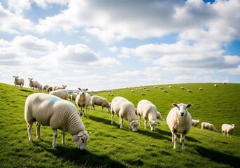 Fototapeta premium Sheep flock grazing on vibrant green hillside under sunny blue sky with white clouds. Peaceful rural landscape, agriculture, and nature scene.