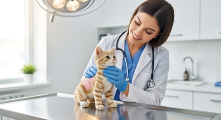 Veterinarian examining ginger kitten with bandage in a modern clinic. Caring female vet provides gentle, professional pet healthcare. Trustworthy animal hospital setting.