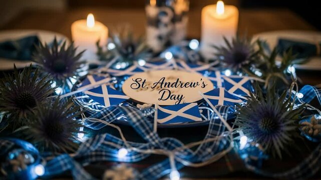 St. Andrew's Day. Festive Scottish table setting with thistles, tartan ribbon, flags, and candles.