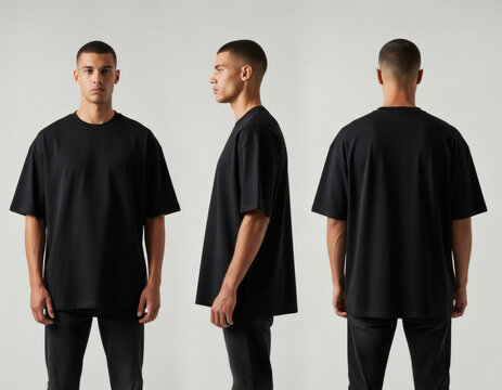Oversized black t-shirt on brutal man in jeans, front, side, and back views, shirt isolated on background, male streetwear mockup set for branding and design
