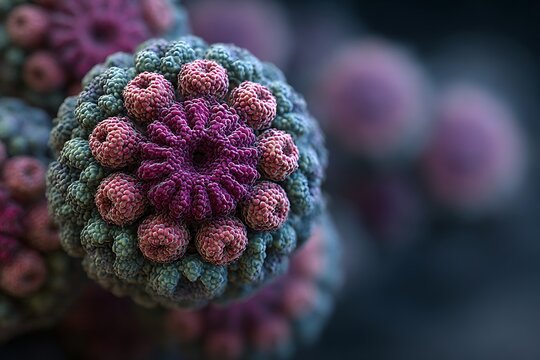 Detailed surface structure of human papillomavirus (HPV), spherical particle with capsomere patterns.