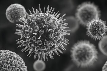 Fototapeta premium High-detail electron microscope image of influenza virus particles. Spherical shape with surface spikes, arranged naturally.