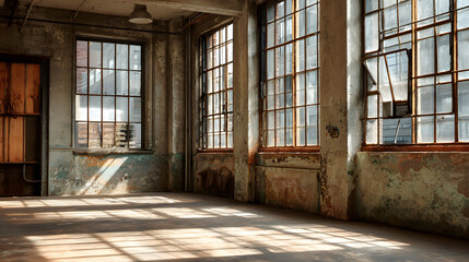 Sunlit Abandoned Factory Interior with Weathered Walls and Metal Window Panes