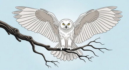 Snowy owl illustration perched on branch with wings spread vector art design for educational resources