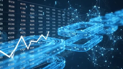 Futuristic blockchain technology concept with glowing digital chain and financial stock market data chart background for cryptocurrency trading and fintech  investment - Powered by Adobe