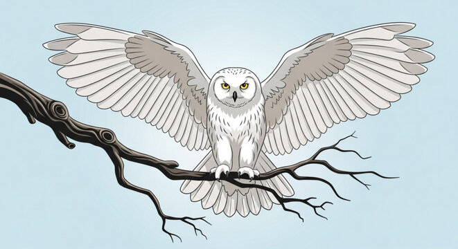Snowy owl illustration perched on branch with wings spread vector art design for educational resources