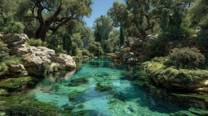 Fototapeta premium Serene, clear stream meanders through lush greenery, sunlight illuminating the crystal-clear water