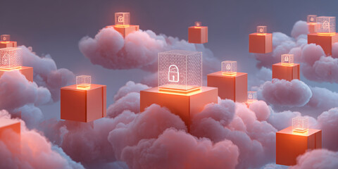 Digital illustration of cloud storage concept with floating cubes and padlock symbols, representing data security and protection in virtual environment