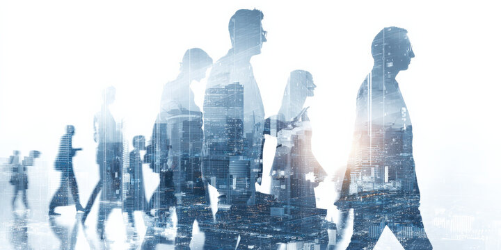 Group of business professionals walking with cityscape overlay, symbolizing digital transformation and innovation in corporate world. image conveys sense of progress and collaboration - Powered by Adobe