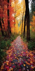 Fototapeta premium Autumnal path through vibrant forest (1)