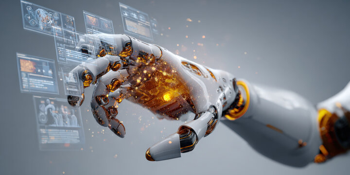 Robotic hand interacts with virtual screens, showcasing advanced AI technology and digital interfaces. scene highlights innovation and futuristic design in robotics and artificial intelligence