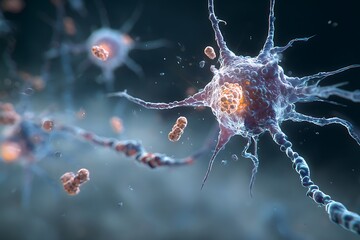 Rabies virus bullet-shaped particle entering the axon of a human neuron.