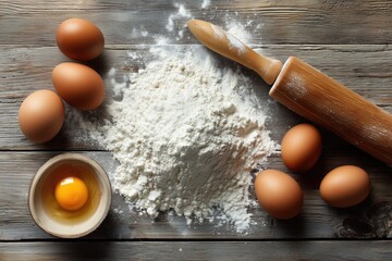 flat lay of baking ingredients: flour, eggs, rolling pin on wooden table, natural light, rustic clean composition 