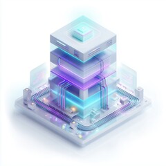 3D isometric AI cloud server with data processing lines, clean glowing tech elements, modern sci-fi design, white background

