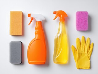flat lay of cleaning products: spray bottle, sponge, gloves, disinfectant bottle on white background, bright and clean composition, no branding

