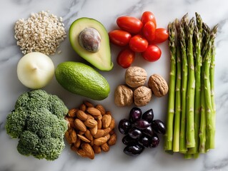 flat lay of fresh vegetables, fruits, and nuts arranged neatly on marble background, top view, clean healthy eating concept

