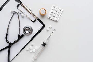 flat lay of medical items: stethoscope, syringe, pills, clipboard on white background, clean top-down hospital theme, no branding