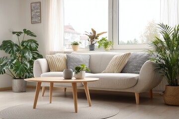 minimalist living room with modern sofa, coffee table, indoor plants, natural light, Scandinavian style 

