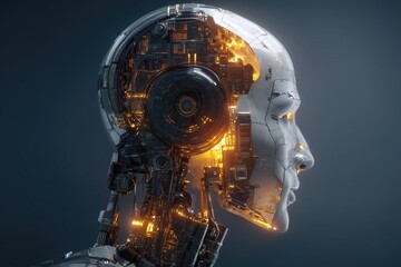 realistic humanoid robot head with visible circuits and glowing eyes, futuristic AI concept