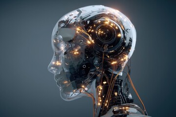 realistic humanoid robot head with visible circuits and glowing eyes, futuristic AI concept